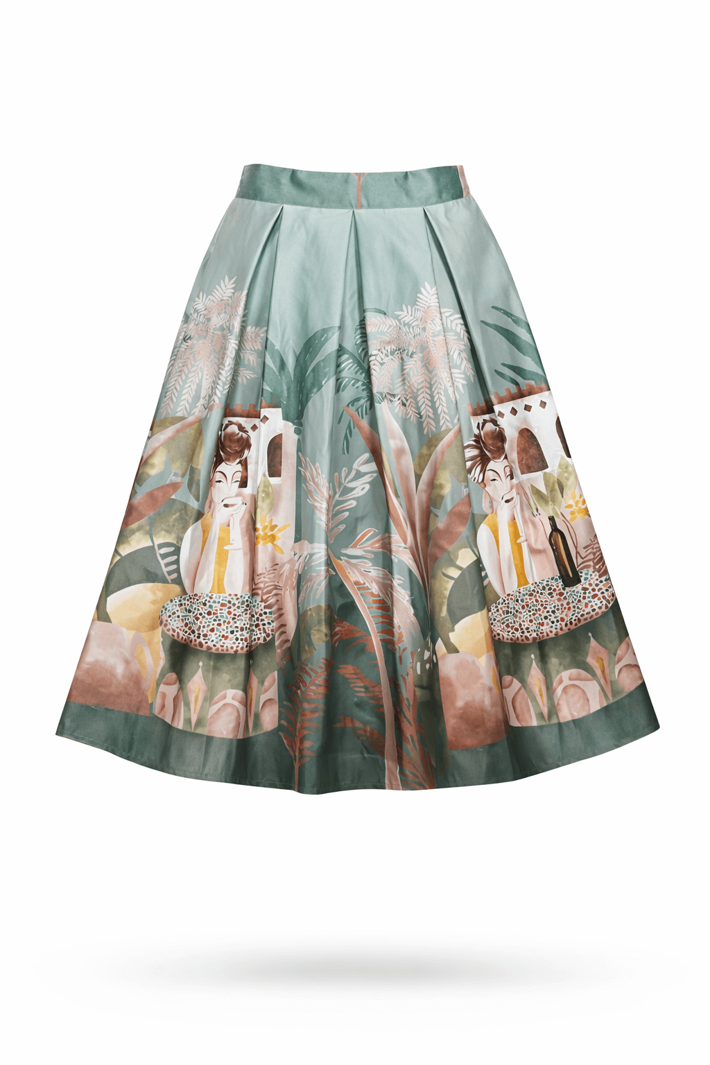 Plissierter Midi-Rock in Grüntönen mit künstlerischem Motivdruck und gemustertem Bund, freigestellt vor weißem Hintergrund.