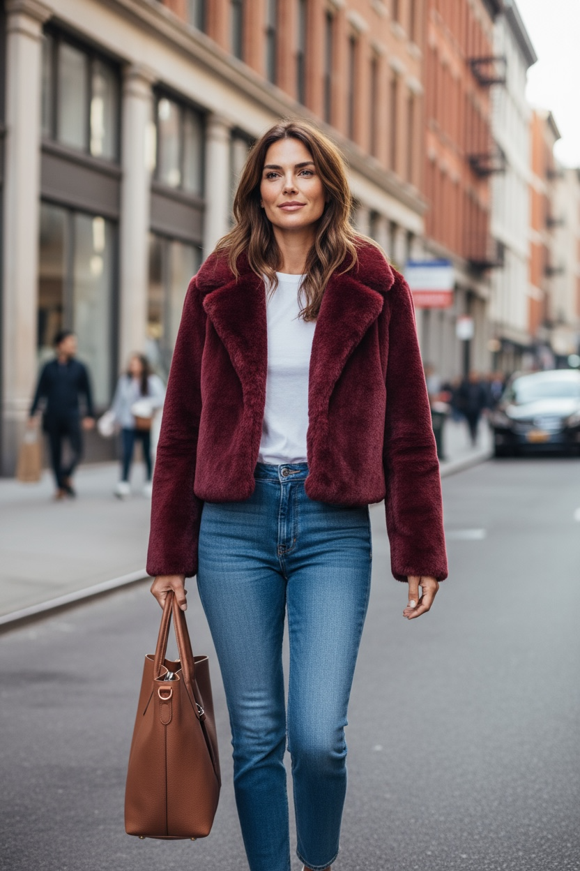 Chic Velours Faux Fur Jacke in Burgundy