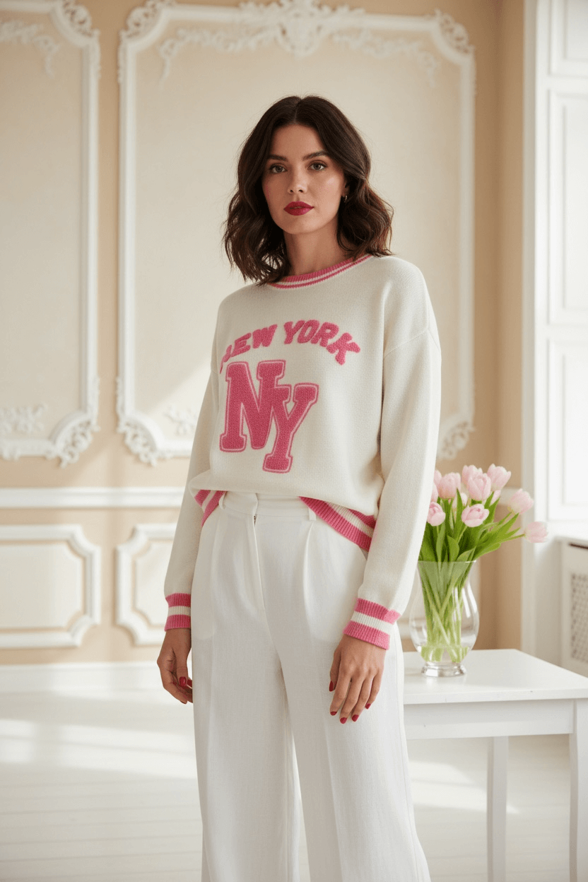 Frau trägt einen hellen Pulli, mit Aufschrift new york. Sie steht in einem hellen Raum mit Blumen auf dem Tisch. Sie trägt eine weiße Hose dazu.