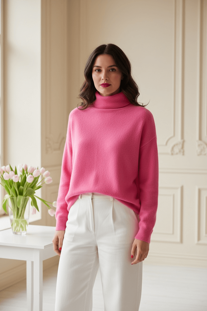 Frau steht in einem helle Raum mit Blumen auf dem Tisch. Sie trägt einen pinken Rollkragenpullover. Dazu eine weiße Hose