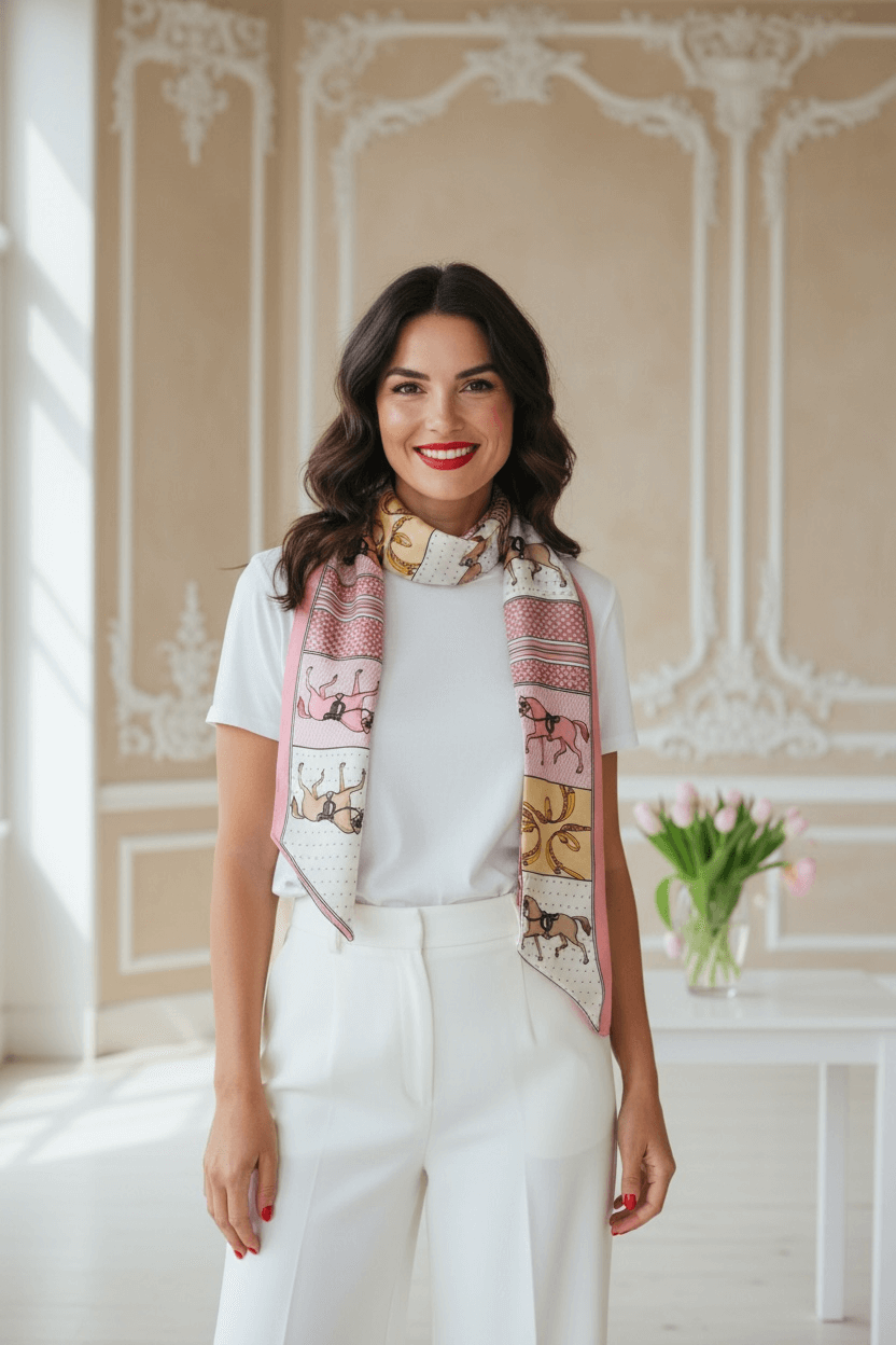 Frau steht in einem Zimmer mit Tisch und rosa Blumen darauf. Sie trägt, dann weiße sich dazu eine weiße Marlene Hose. Der Schal ist elegant um den Hals drapiert.