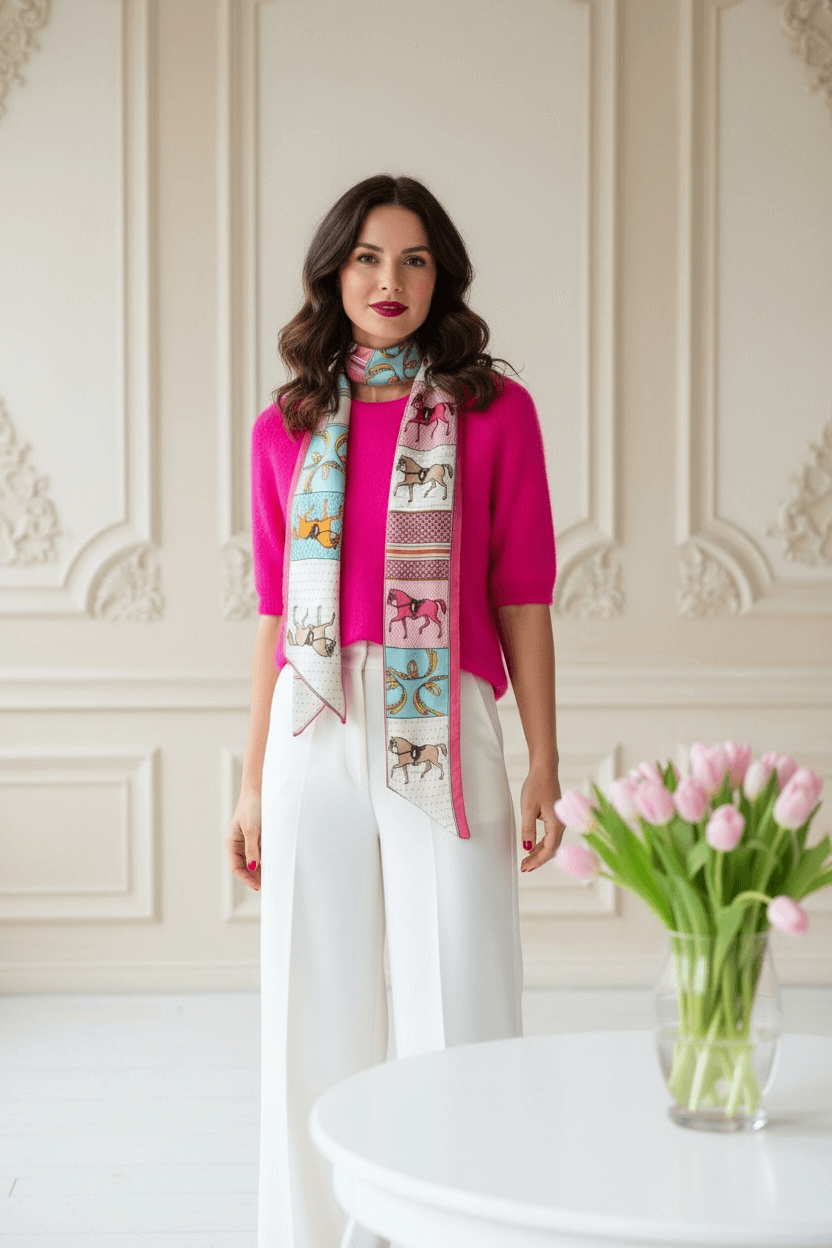 Frau steht in einem Raum elliptisch und rosa Blume auf. Sie trägt ein pinken Pulli weiße Hose und den Schal und den Hals drapiert.