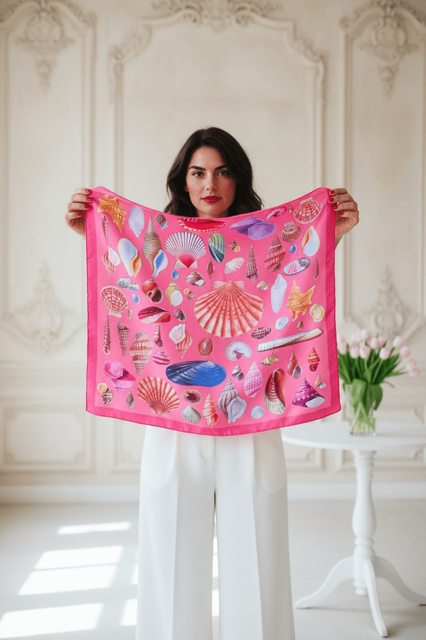 Frau Held, Schalen Hand. Er ist pink und mit Sternen und Muscheln im Design. Sie steht in einem hellen Raum.