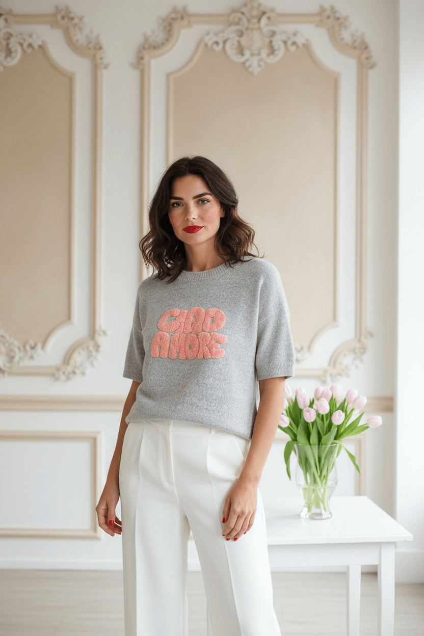 Frau steht in einem hellen Raum, sie trägt einen hellgrauen Pulli mit Schriftzug vorne drauf.