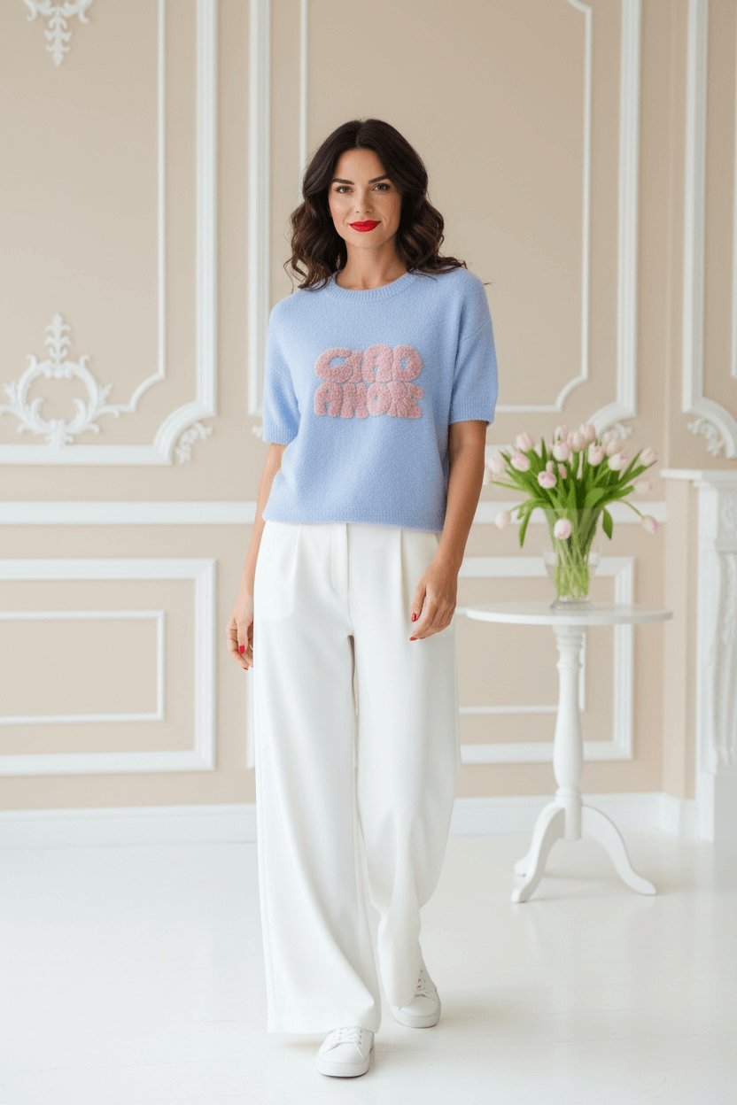 Frau steht in einem kleinen Raum, sie trägt einen blauen Pulli mit rosa Schriftzug drauf