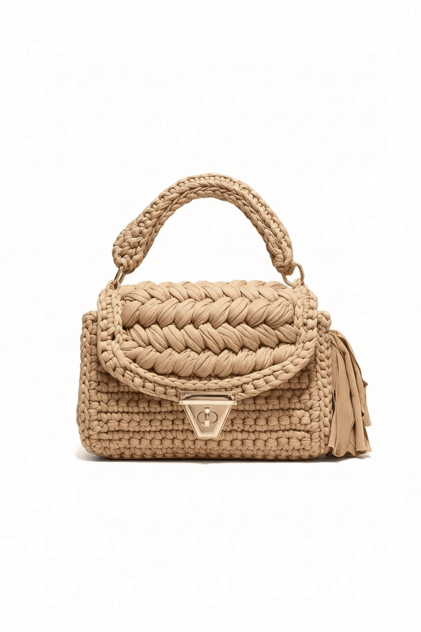 Eine geflochtene, beige Tasche mit goldenen Beschläge wurde auf weißem Hintergrund fotografiert