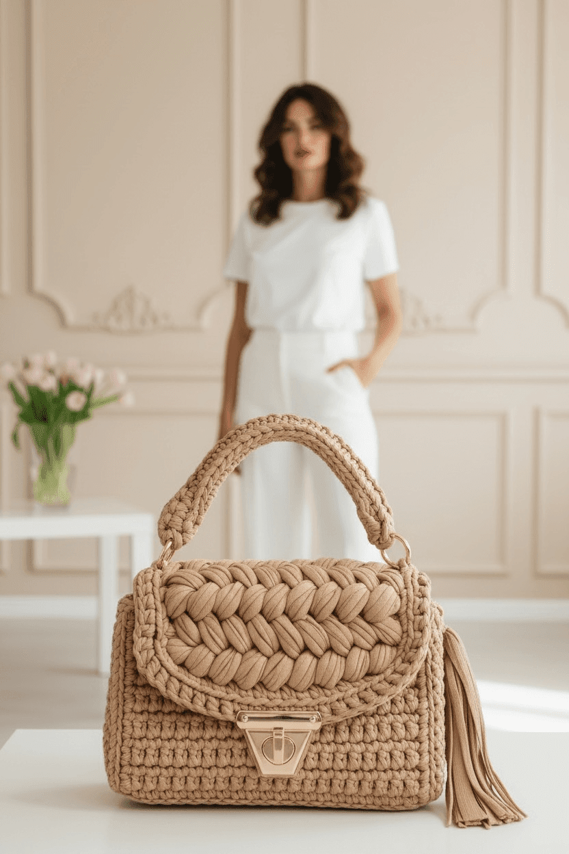 Geflochtene, beige Tasche mit goldenen Beschlägen steht auf einem weißen Tisch. Im Hintergrund steht eine Frau in einem hellen Raum.