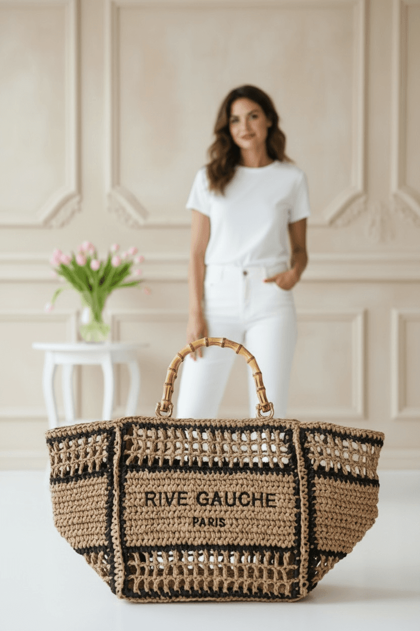 Braune BastTasche mit Aufschrift steht auf einem Tisch. Frau im Hintergrund zu sehen.