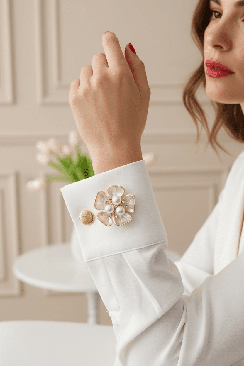 Weiße Bluse mit aufgestecktem Knopf-Clipper in Blumenform am Ärmel, goldfarben mit Perlendetails.