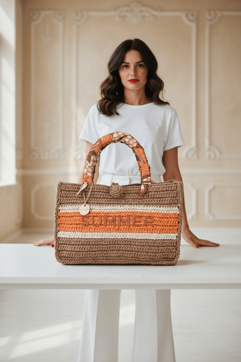 Steht 1, beige orange Tasche auf dem Tisch, mit der Aufschrift Summer. Eine Frau steht im Hintergrund.