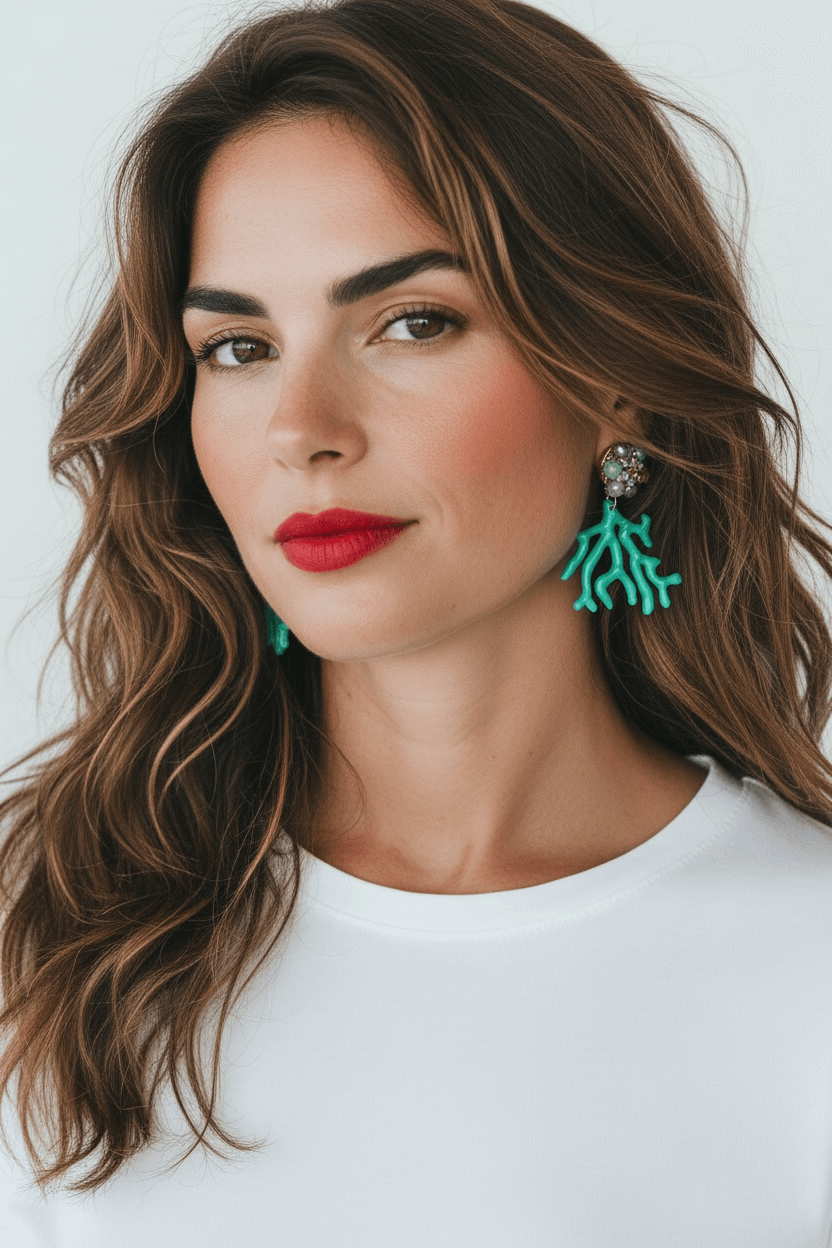 Modell mit braunen, offenen Haaren trägt türkisfarbene Steckerohrringe in Korallenform, fotografiert vor hellem, neutralem Hintergrund.