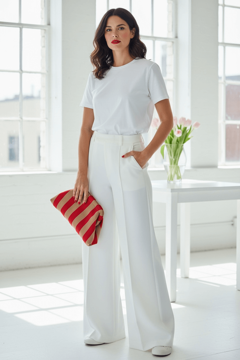 Frau in weißem Oberteil und weiter weißer Hose steht in einem hellen Raum und hält eine gestreifte Clutch in Beige und Orange in der Hand.