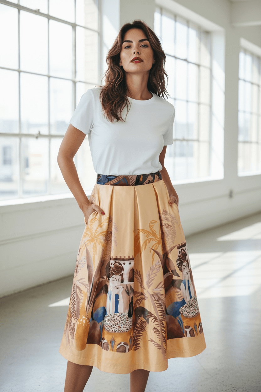 Frau mit weißem T-Shirt und weißen Sneakern trägt einen plissierten Midi-Rock in Vanille-Gelb mit künstlerischem Motivdruck in einem hellen Raum mit großen Fenstern.
