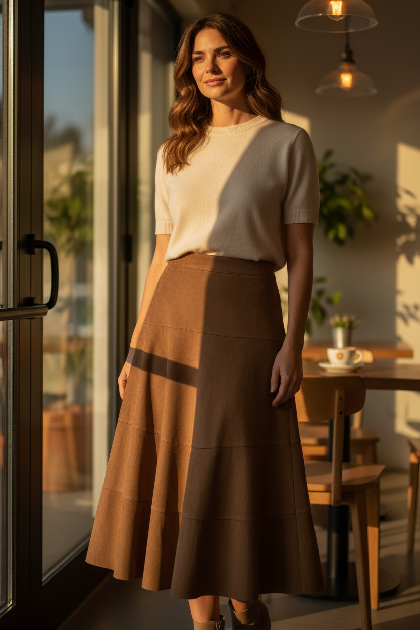Eine Frau steht in einem hellen Café am Fenster. Sie träg einen beigen Kurzarm Pullover und einen schwingenden braunen A Linien Rock in Velours Optik. Die Sonne fällt warm ins Zimmer. Mit Pflanzern und Tisch.