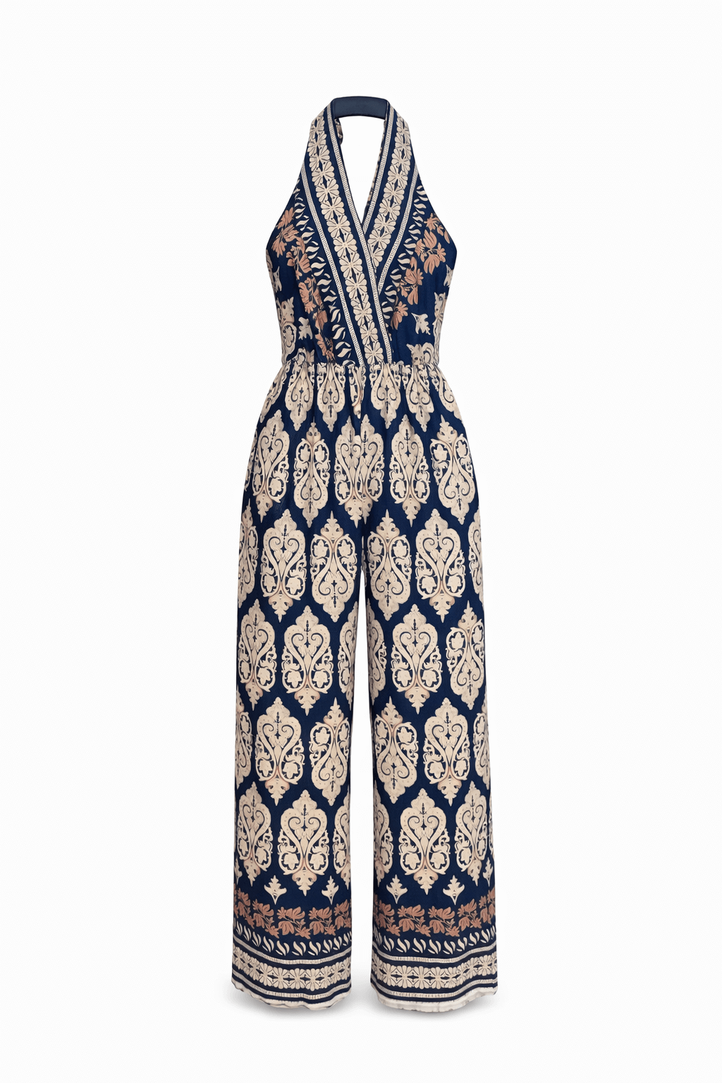 Blauer Jumpsuit mit Ornamentmuster, Halterneck-Ausschnitt und weitem Bein, freigestellt auf weißem Hintergrund.