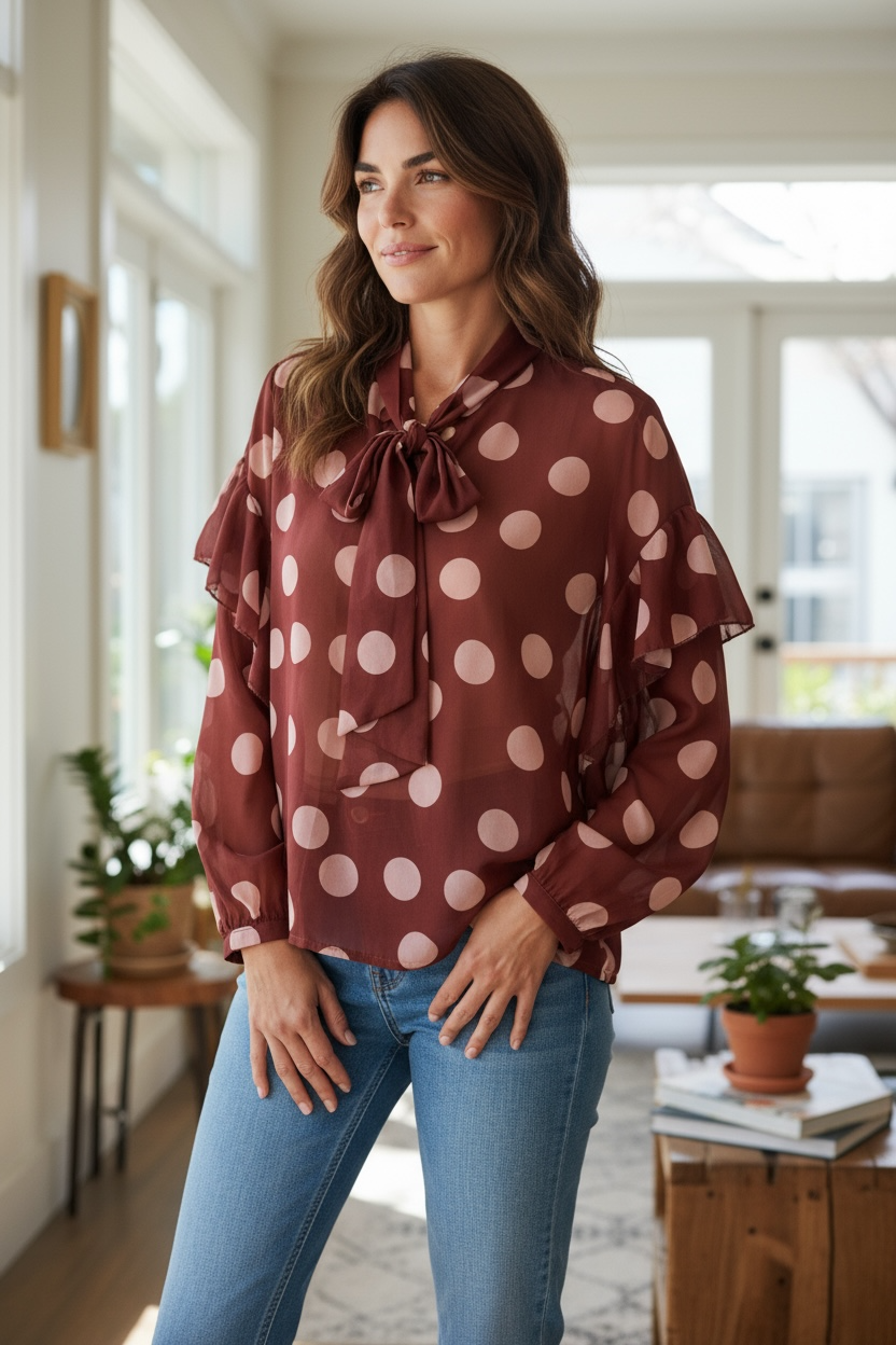 Frau trägt leichte Bluse in Toffee-Rosé mit feinem Pünktchenmuster, Schleife am Hals und zarten Ballonärmeln, aus fließender Viskose