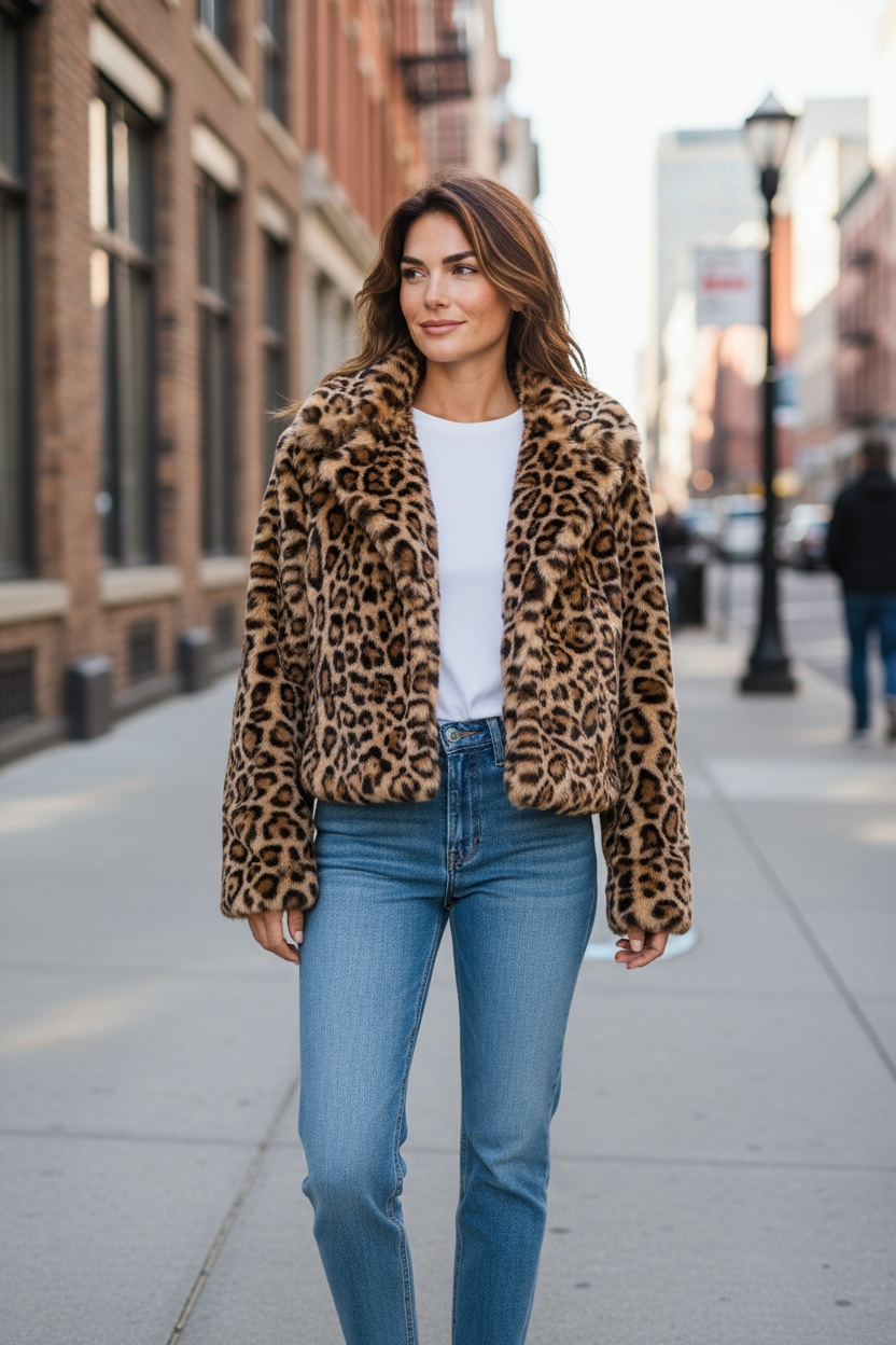 Frau trägt eine kurze Kunstfelljacke mit Leoparden Muster, kombiniert mit blauer Jeans, weißem T-Shirt und weißen Sneaker. Sie geht eine Straße entlang in der Stadt.