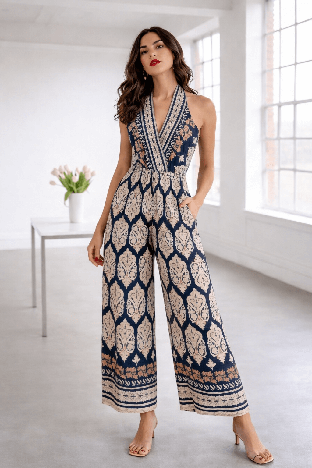 Frau trägt blauen Jumpsuit mit Ornamentmuster und Halterneck-Ausschnitt in hellem Raum mit großen Fenstern.