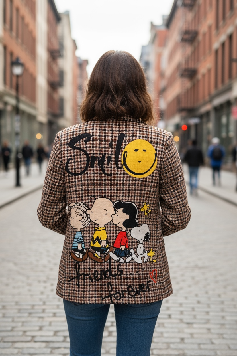 Rückansicht einer Person mit braunen Hahnentritt Blazer mit Motiven. Schriftzug Smile und Friends Forever auf einer gepflasterten Straße. Die Person trägt Jeans und weiße Sneaker.
