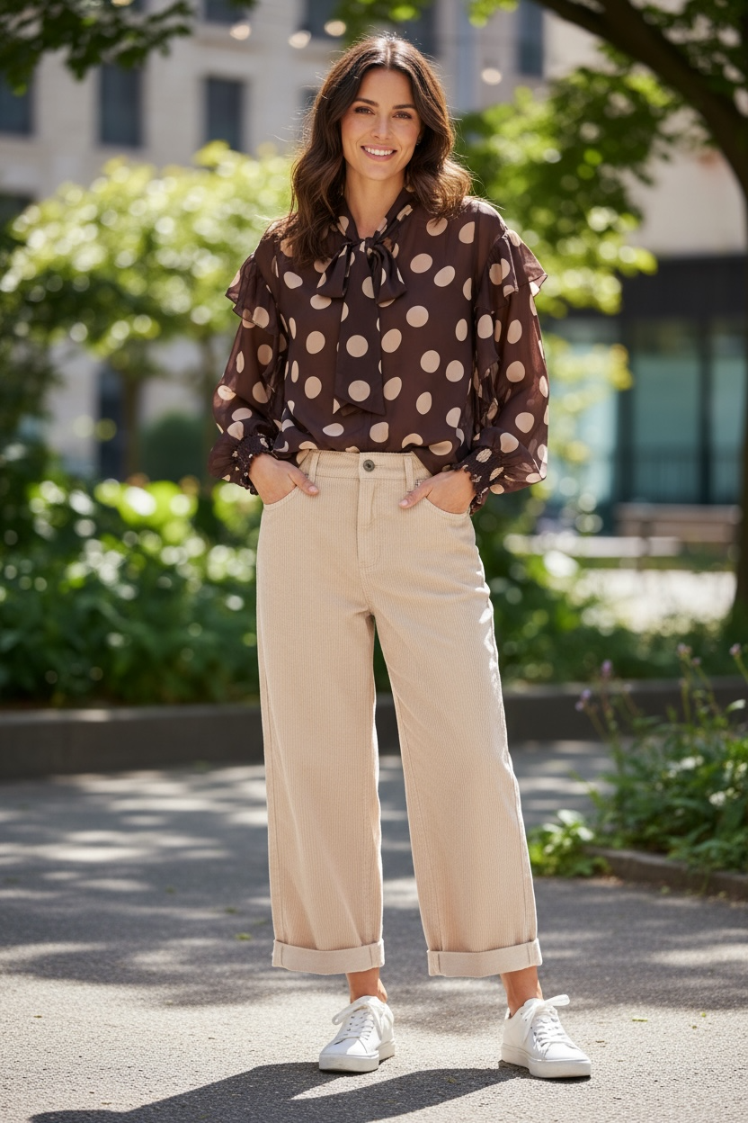 Frau trägt eine braune Bluse mit roséfarbenen Punkten und Schleife am Hals, kombiniert mit weiter Hose und weißen Sneakern. Jeans. Sie steht im Freien.