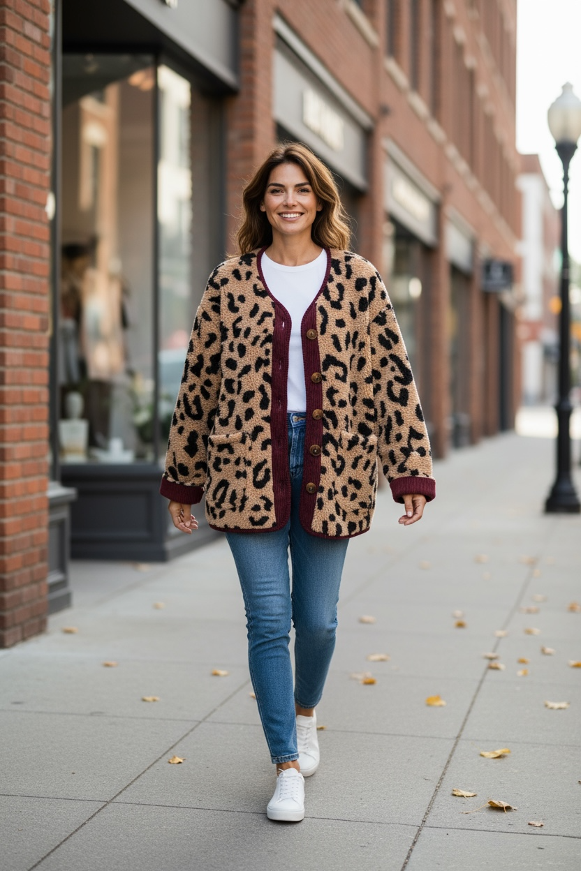 Frau stehet auf einer Straße vor Backsteinfassaden, trägt eine beige Strickjacke mit dunkelroten Rand und Leopardenmuster, dazu Jeans und weiße Sneaker.
