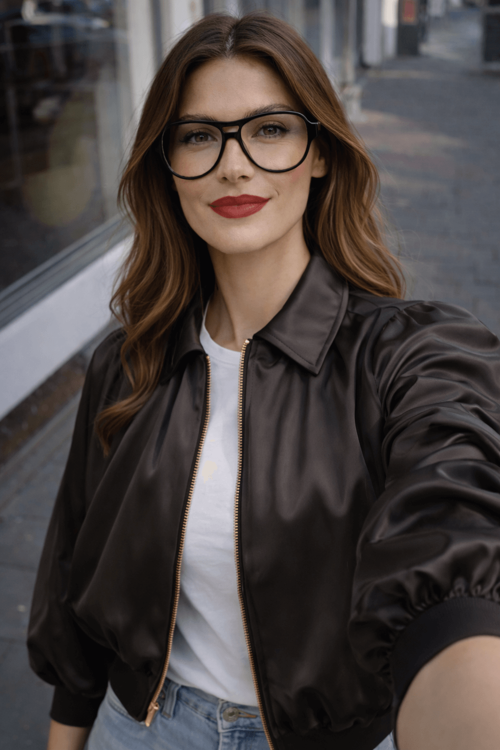 Frau mit braunem, welligem Haar trägt eine schwarze Brille und einen dunkelbraunen Blouson mit goldfarbenem Reißverschluss über einem weißen T-Shirt. Sie steht im Freien vor einer Glasfassade und blickt direkt in die Kamera.