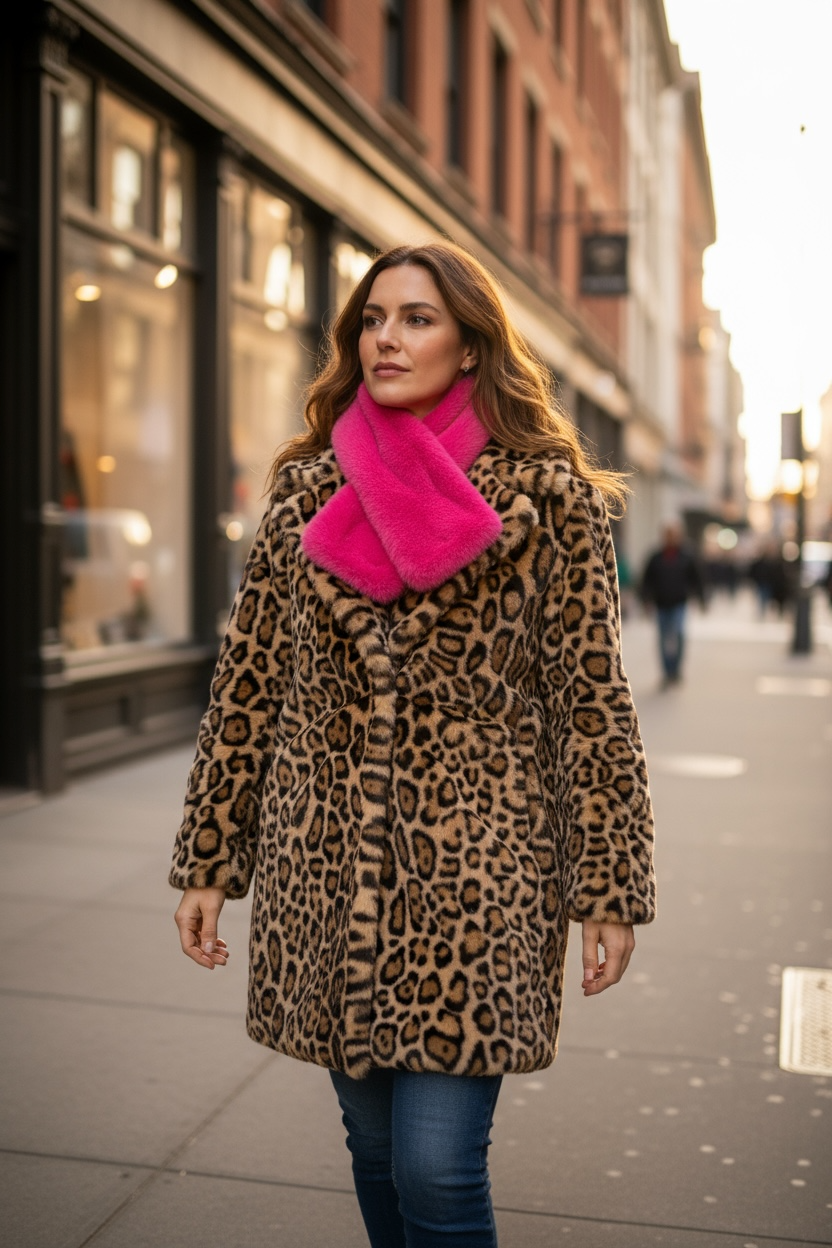 Frau trägt einen leuchtenden pinken Plüschschal mit Schlaufe zum Durchziehen über einen Leopardenmantel. Der Schal liegt am Hals. Die Frau läuft auf einer städtischen Straße.