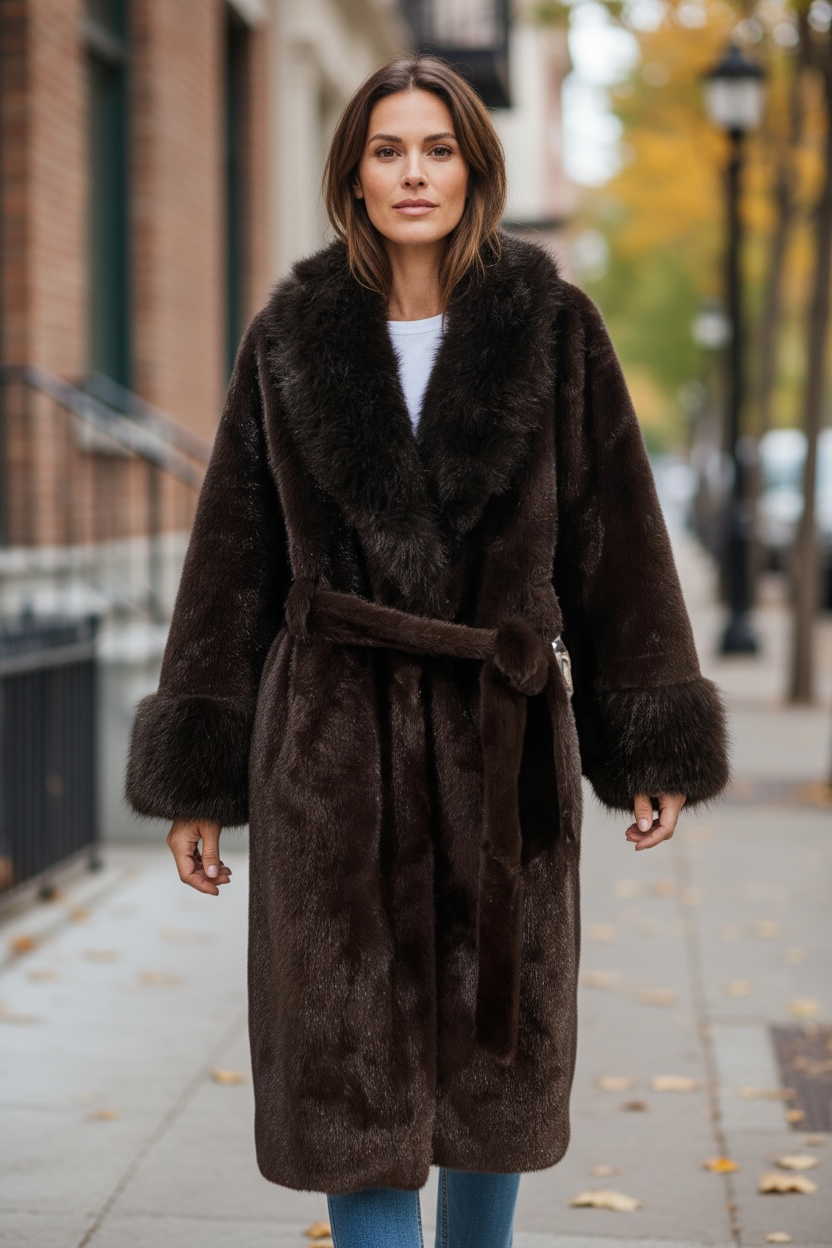 Frau trägt Langen braunen Kunstfell Pelzmantel dazu eine Jeanshose. Fotografiert auf offener Straße.