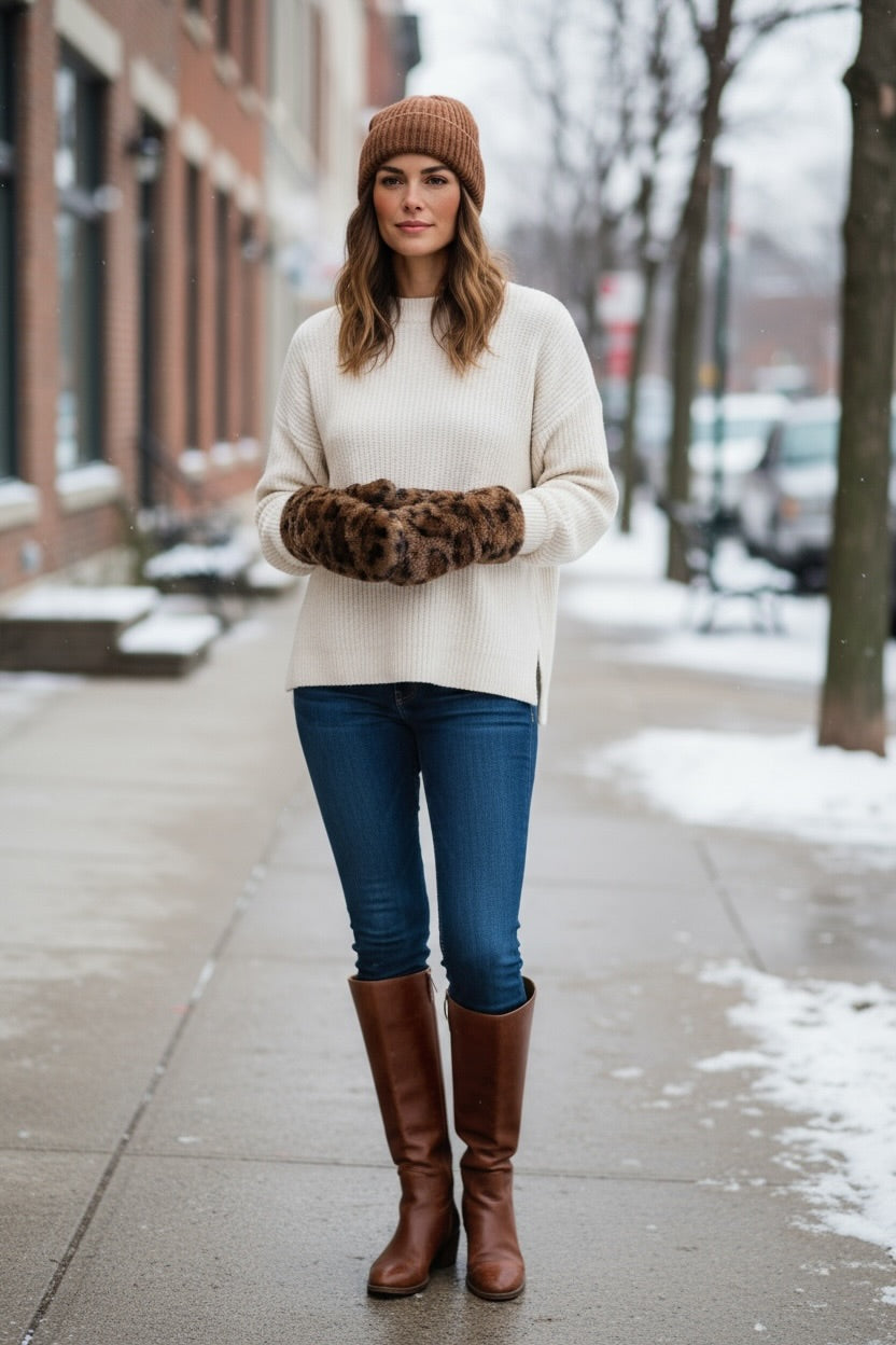 Frau steht auf einem winterlichen Gehweg, trägt eine braune Strickmütze, einen cremefarbenen Pullover, dunkelblaue Jeans und braune Stiefel. Sie hat, offenen Haare und trägt flauschige, braun gemusterte Fäustlinge. Im Hintergrund sind Häuser, Bäume und Schnee zu sehne.