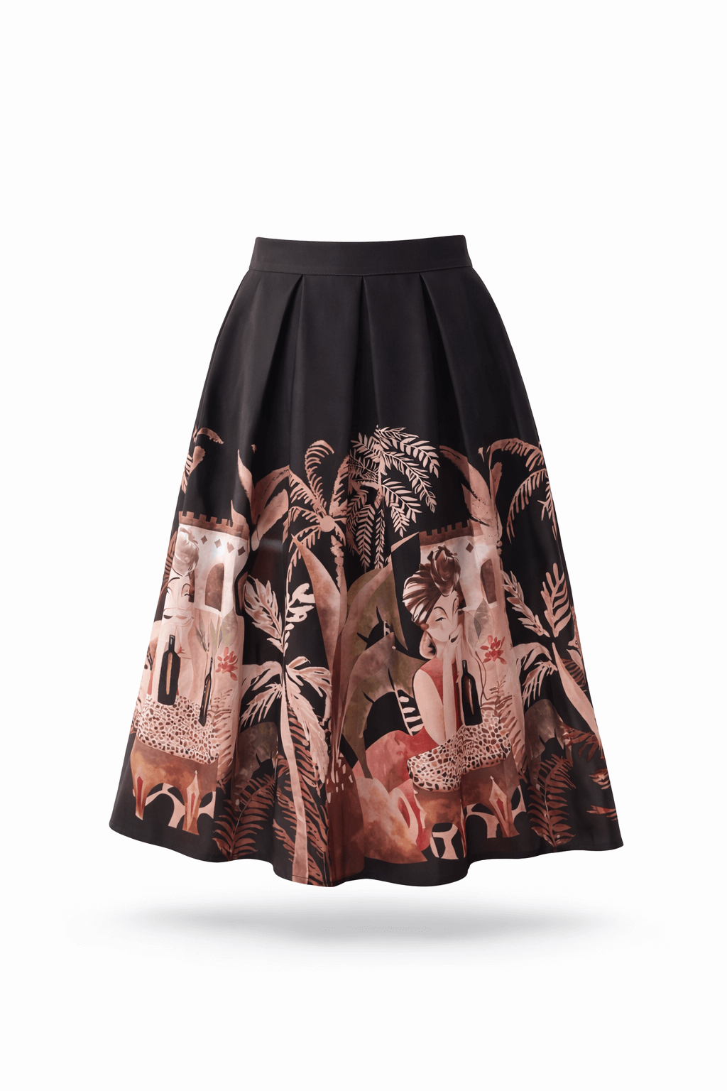 Plissierter Midi-Rock in Schwarz mit künstlerischem Motivdruck und gemustertem Bund, freigestellt vor weißem Hintergrund.
