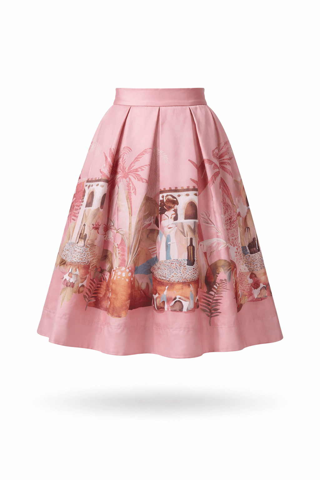Plissierter Midi-Rock in
Rosa mit künstlerischem Motivdruck und gemustertem Bund, freigestellt vor