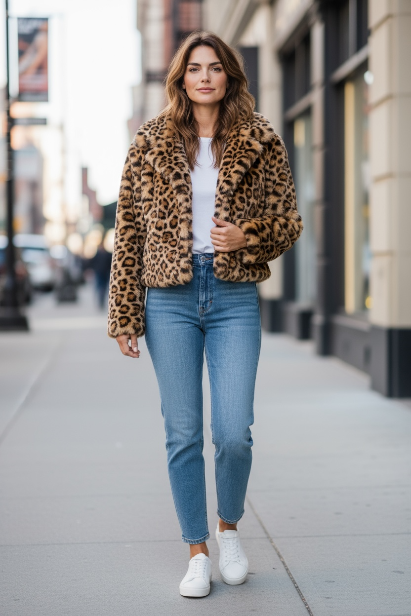 Frau trägt eine kurze Kunstfelljacke mit Leoparden Muster, kombiniert mit blauer Jeans, weißem T-Shirt und weißen Sneaker. Sie geht eine Straße entlang in der Stadt, Gebäude im Hintergrund.