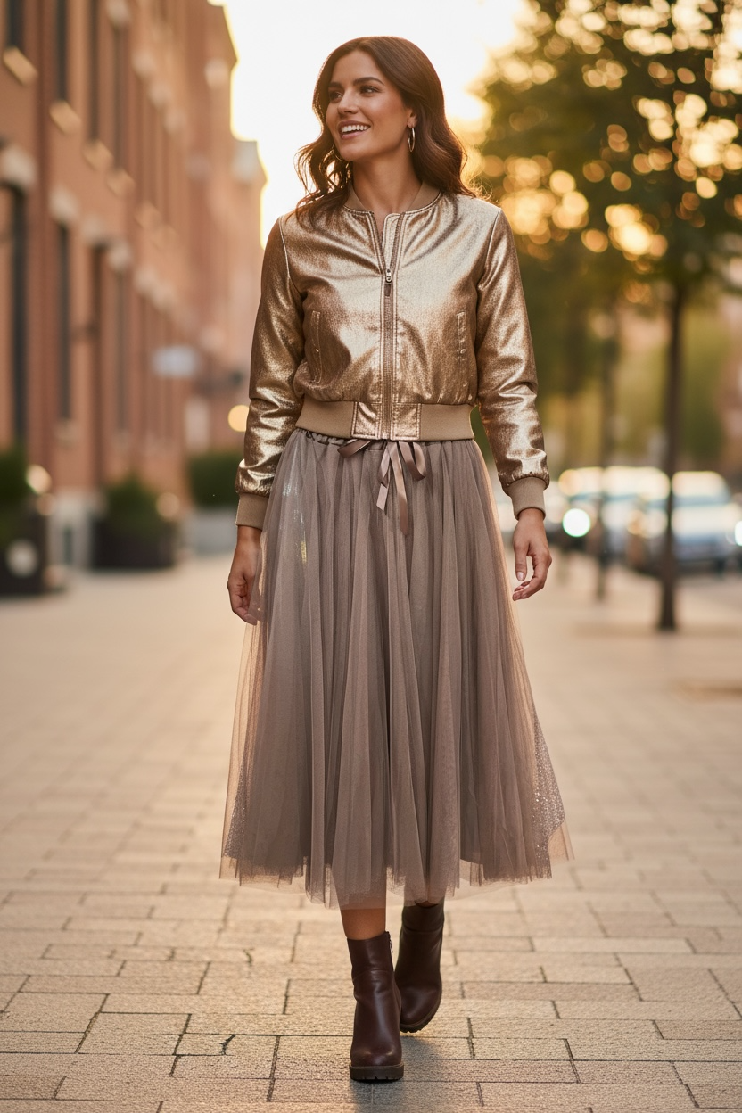 Frau geht auf einer Straße und lächelt nach rechts. Sie trägt eine goldfarbene Jacke, einen langen, taupefarbenen Tüll Rock und dunkle Stiefeletten. Im Hintergrund sind unscharfe Gebäude, Bäume und Lichter bei Sonnenaufgang zu sehen.