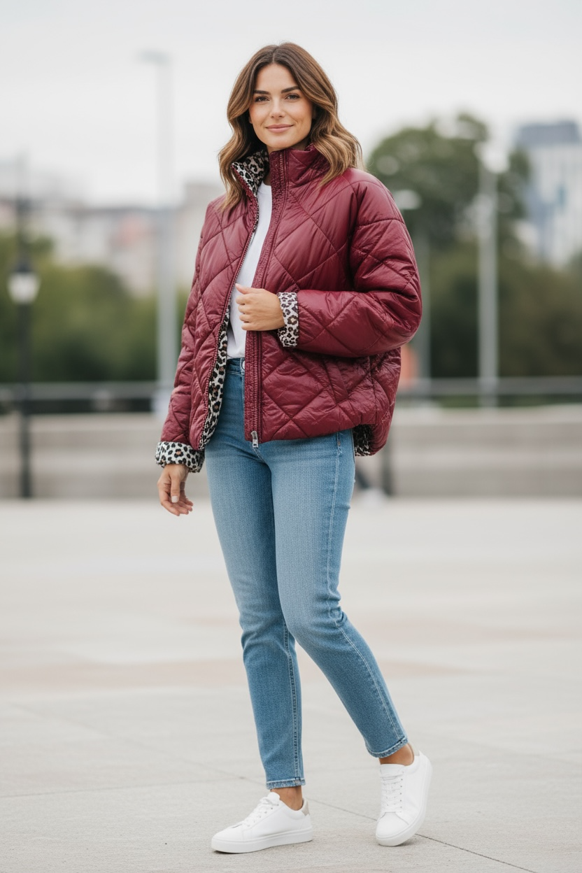 Frau trägt eine burgunderrote Steppjacke mit Leo-Innenfutter, Jeans, weißes Shirt und weiße Speakern auf der Straße.
