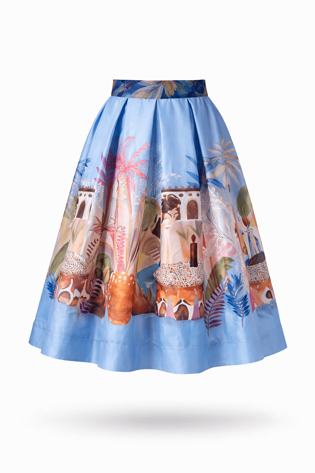 Plissierter Midi-Rock in Blau mit künstlerischem Motivdruck und gemustertem Bund, freigestellt vor weißem Hintergrund.