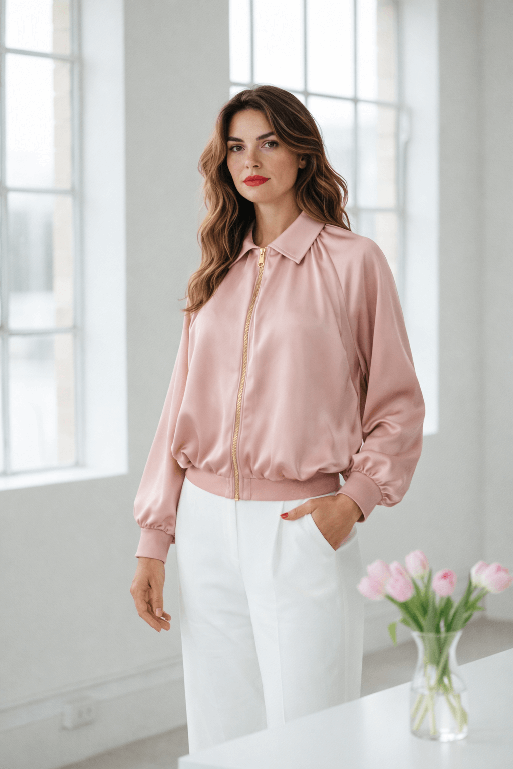 Frau mit offenen, leicht gewellten Haaren trägt eine rosafarbene Jacke mit Reißverschluss und weißen Hosen, aufgenommen in einem hellen Raum mit großen Fenstern und einer Vase mit rosa Tulpen im Vordergrund.