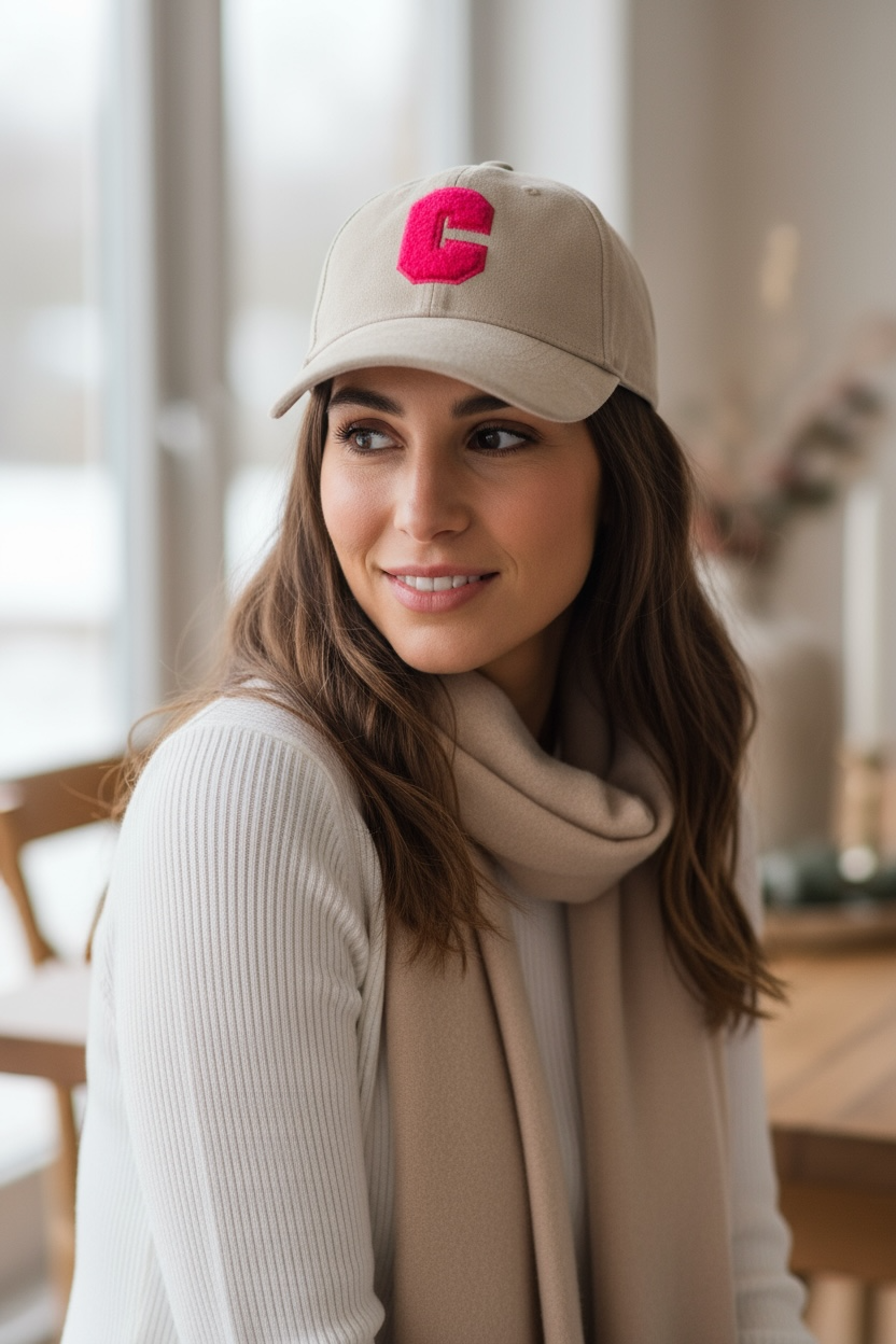 Frau trägt beige Velours. Cap mit pinken Zeh hat lange braune Haare trägt einen beigen Schal und weißen Pulli dazu fotografiert auf einem Stuhl.