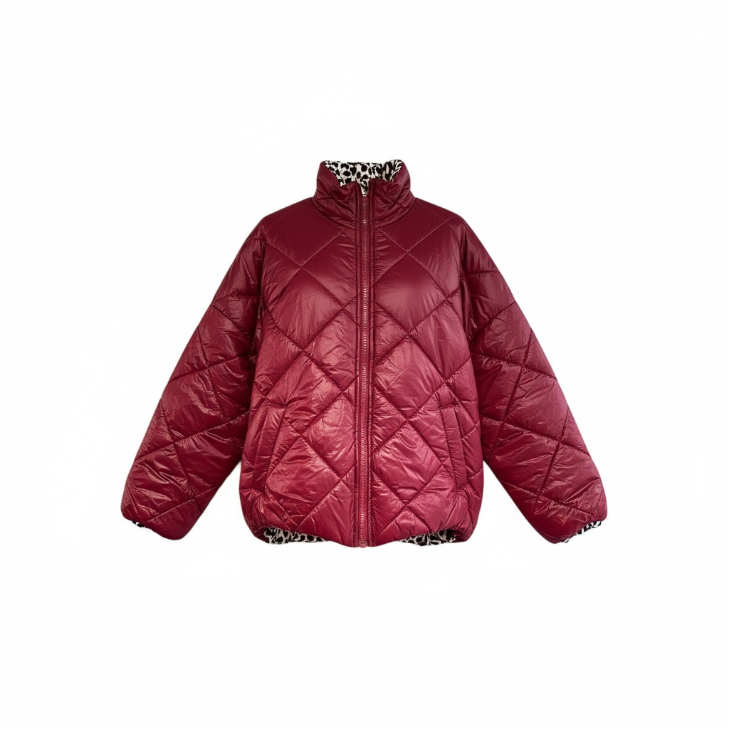 Burgunderrote Steppjacke mit Reißverschluss und sichtbarem Leo Innenfutter an Kragen und Ärmel, vor weißem Hintergrund.