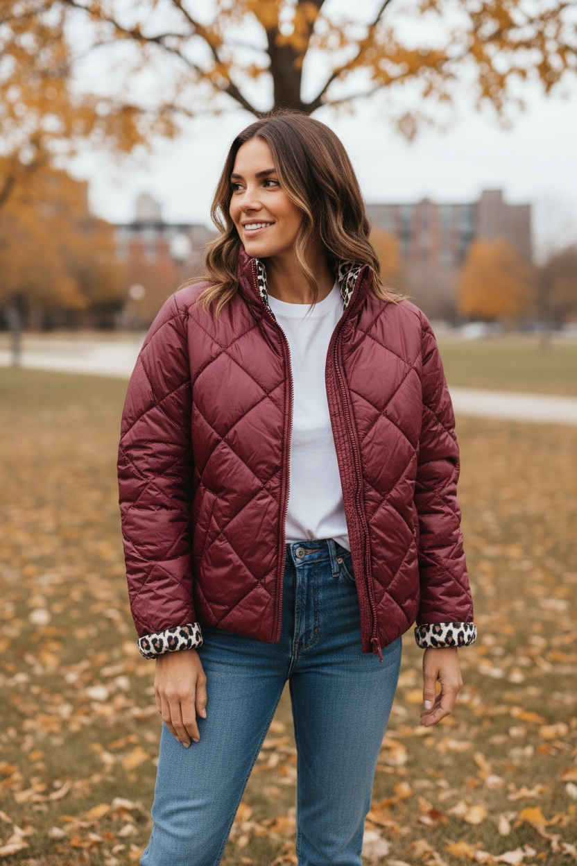 Frau trägt eine burgunderrote Steppjacke mit Leo-Innenfutter, Jeans und weiße Speakern auf der Straße. Im Park fotografiert.