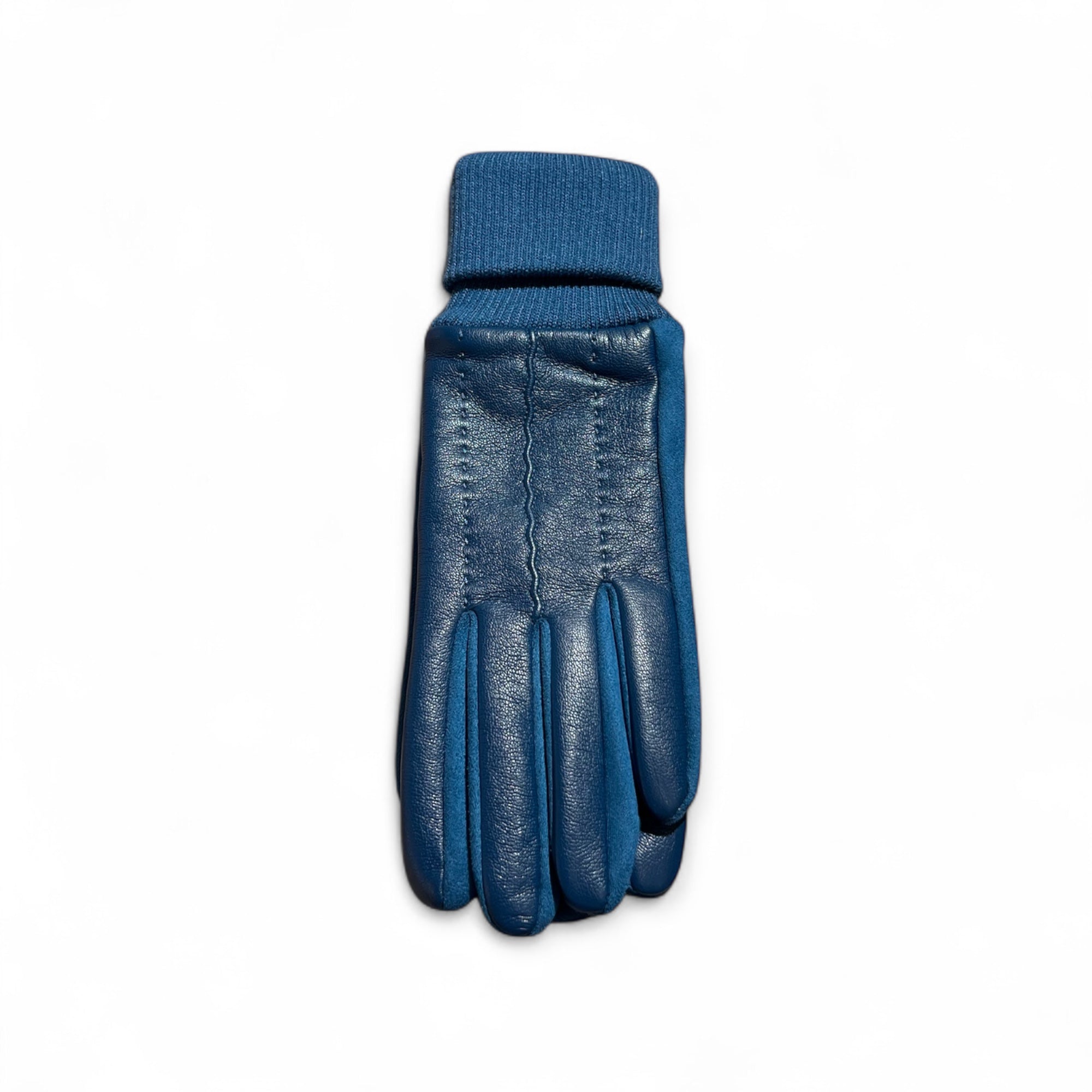 Damenhandschuhe aus Kunstleder in Ocean Blau mit weichen Strick, auf weißen Hintergrund fotografiert.