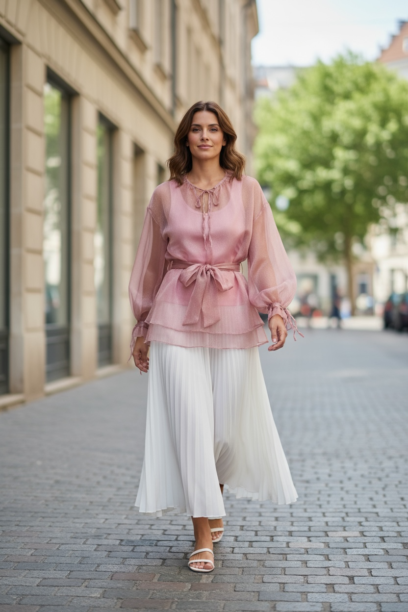 Frau trägt eine transparente rosafarbene Bluse mit Bindegürtel und kombiniert sie mit weißem Plisseerock und Sandalen, läuft auf gepflasterter Straße.