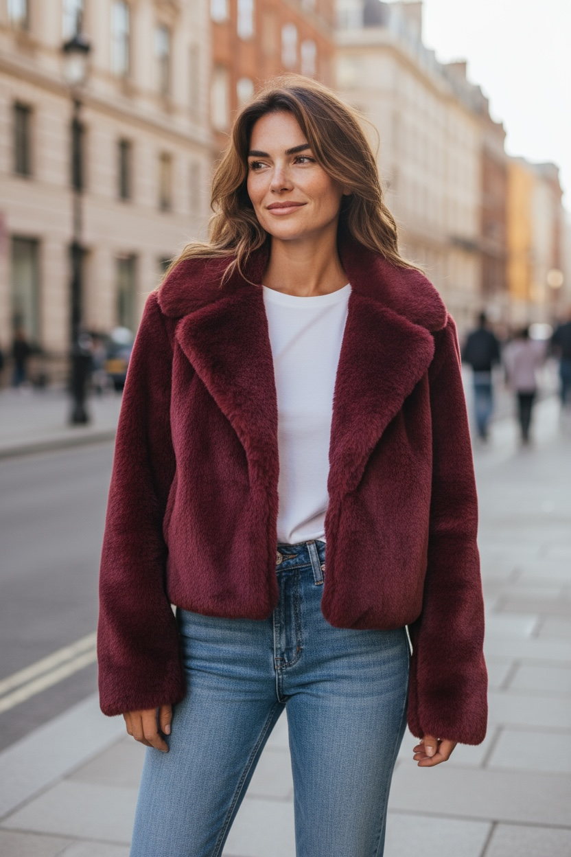 Chic Velours Faux Fur Jacke in Burgundy