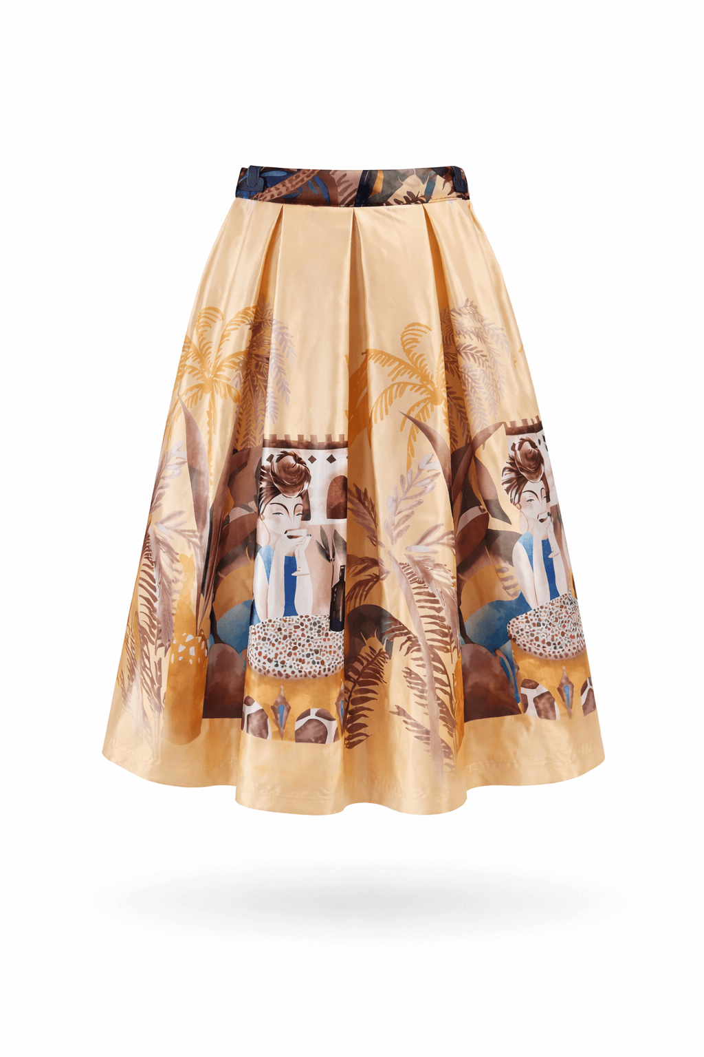 Plissierter Midi-Rock in Vanille-Gelb mit künstlerischem Motivdruck und gemustertem Bund, freigestellt vor weißem Hintergrund.