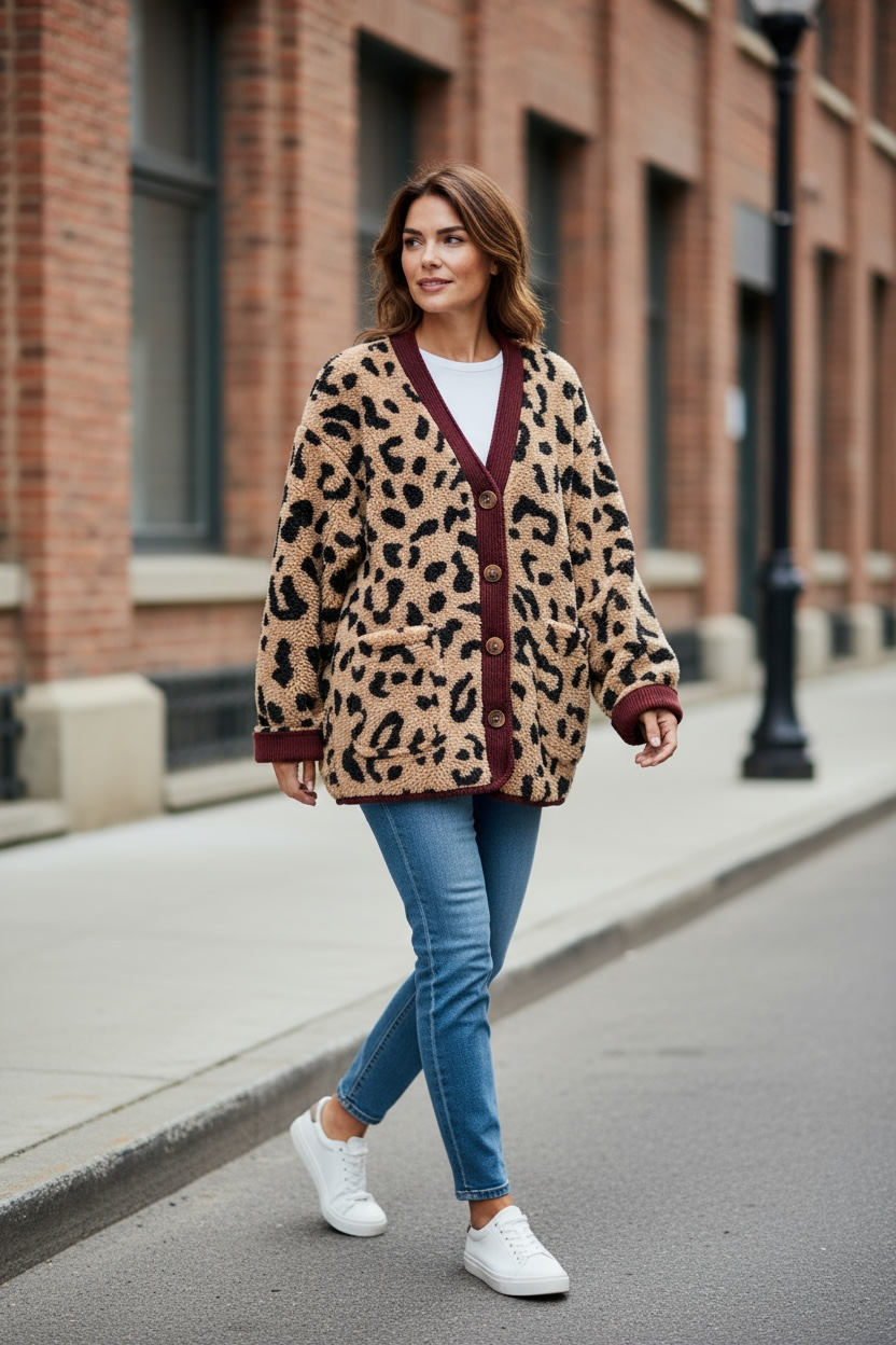 Frau geht auf dem Bürgersteig entlang, trägt eine beige Strickjacke mit dunkelroten Rand und Leopardenmuster, dazu Jeans und weiße Sneaker.