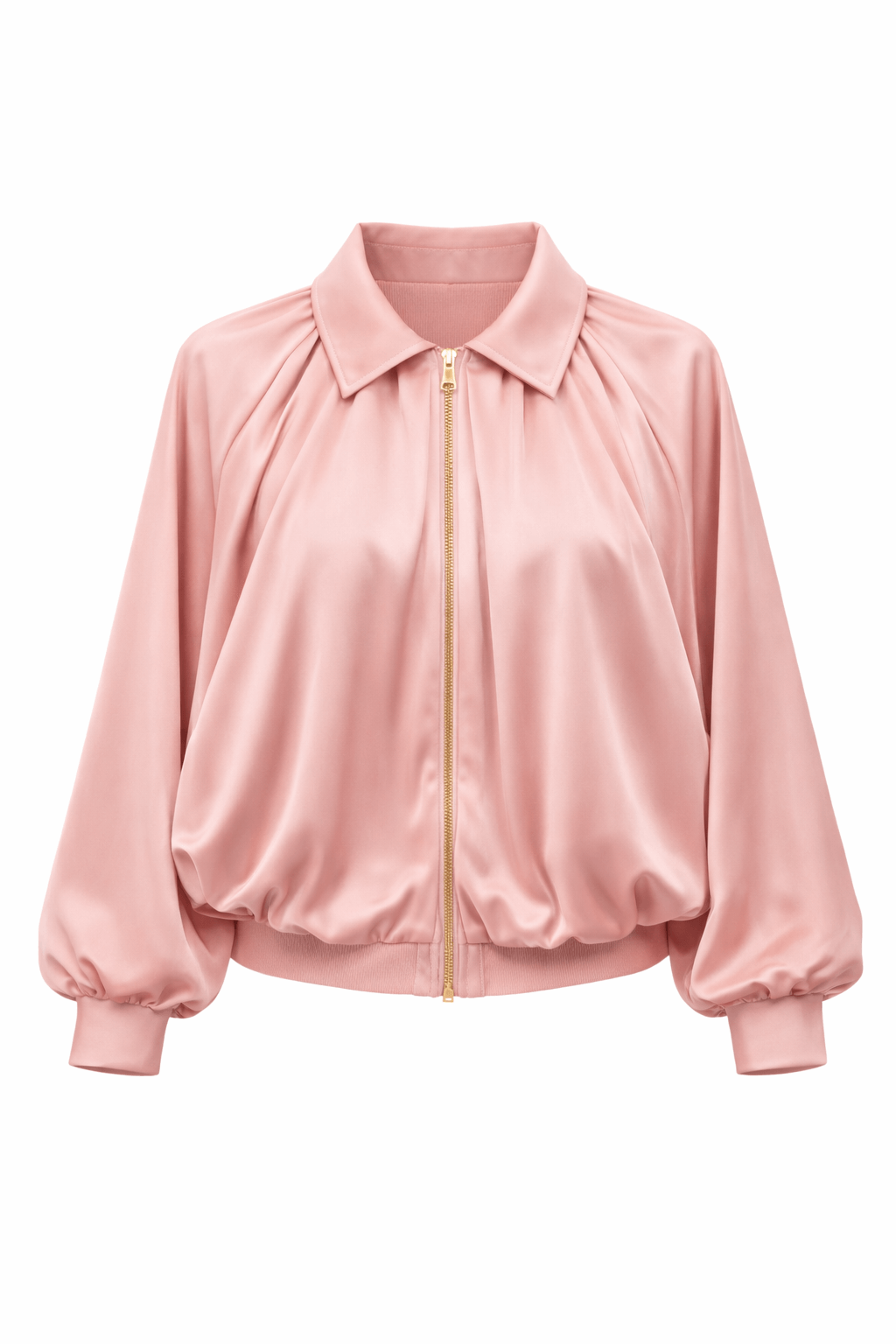 Rosa Blouson aus satinartigem Stoff mit goldfarbenem Reißverschluss, voluminösen Ärmeln und elastischen Bündchen, freigestellt vor weißem Hintergrund.