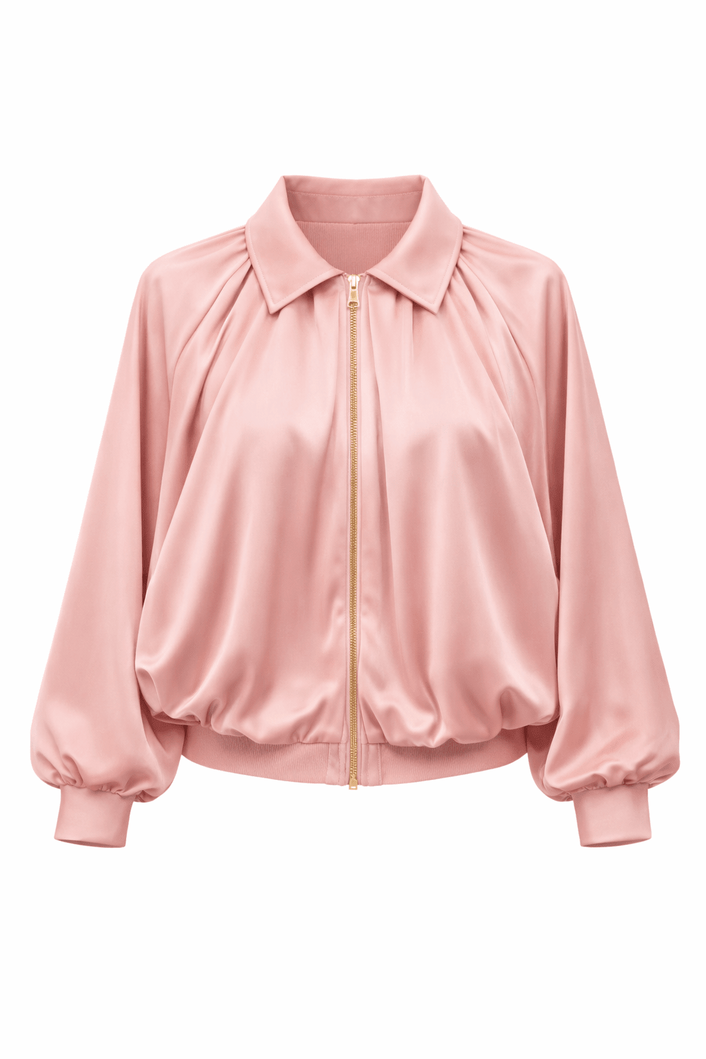 Rosa Blouson aus satinartigem Stoff mit goldfarbenem Reißverschluss, voluminösen Ärmeln und elastischen Bündchen, freigestellt vor weißem Hintergrund.