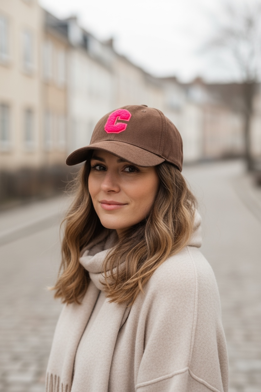 Frau trägt braune Käppi mit pinken Zeh, hat lange braune Haare und trägt einen beigen Schal und Pulli dazu. Fotografiert auf einer Straße.