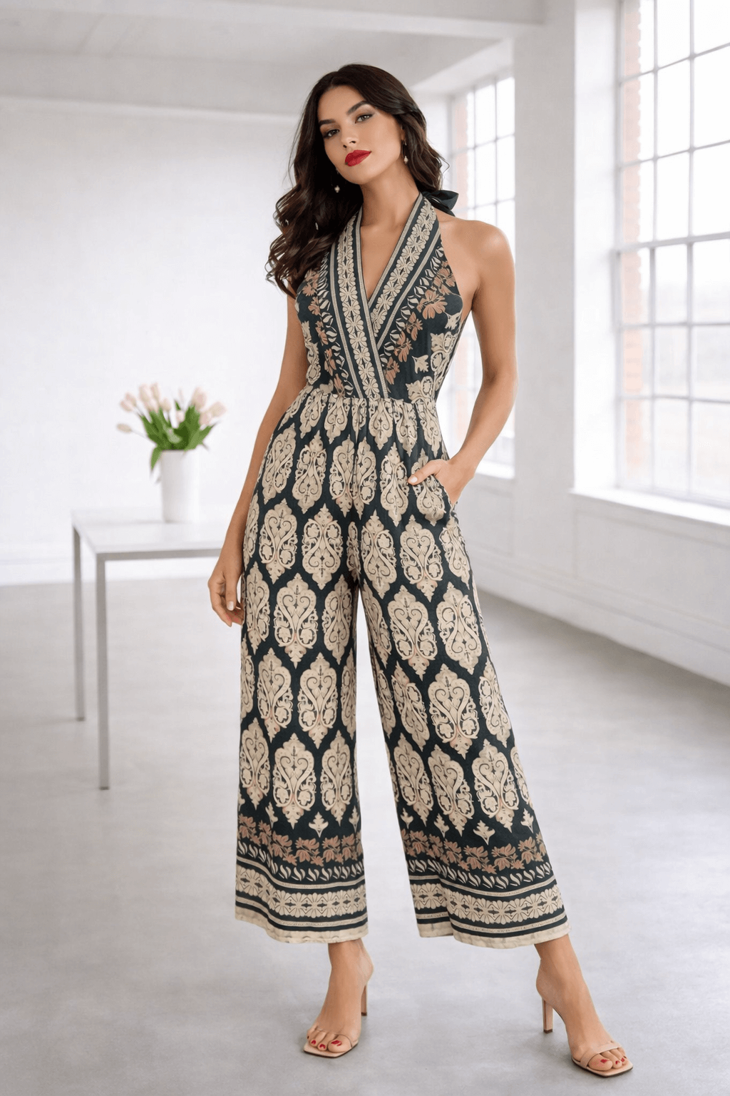 Frau trägt grünen Jumpsuit mit Ornamentmuster und Halterneck-Ausschnitt in hellem Raum mit großen Fenstern.