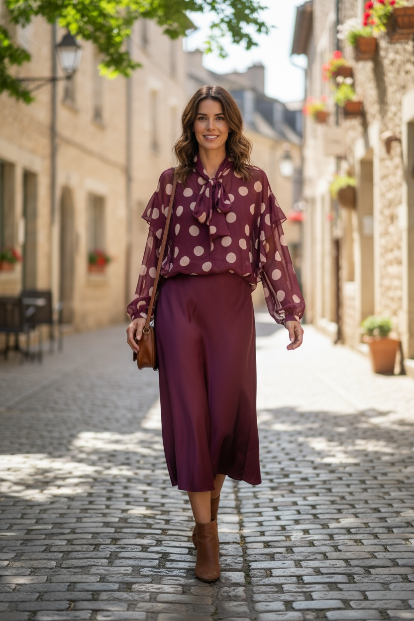 Frau trägt eine bordeauxfarbende Bluse mit roséfarbenen Punkten und Schleife am Hals, kombiniert mit fließenden Midirock in Burgunder und brauner Stiefelette. Geht auf Kopfsteinpflaster auf einer sonnigen Straße.