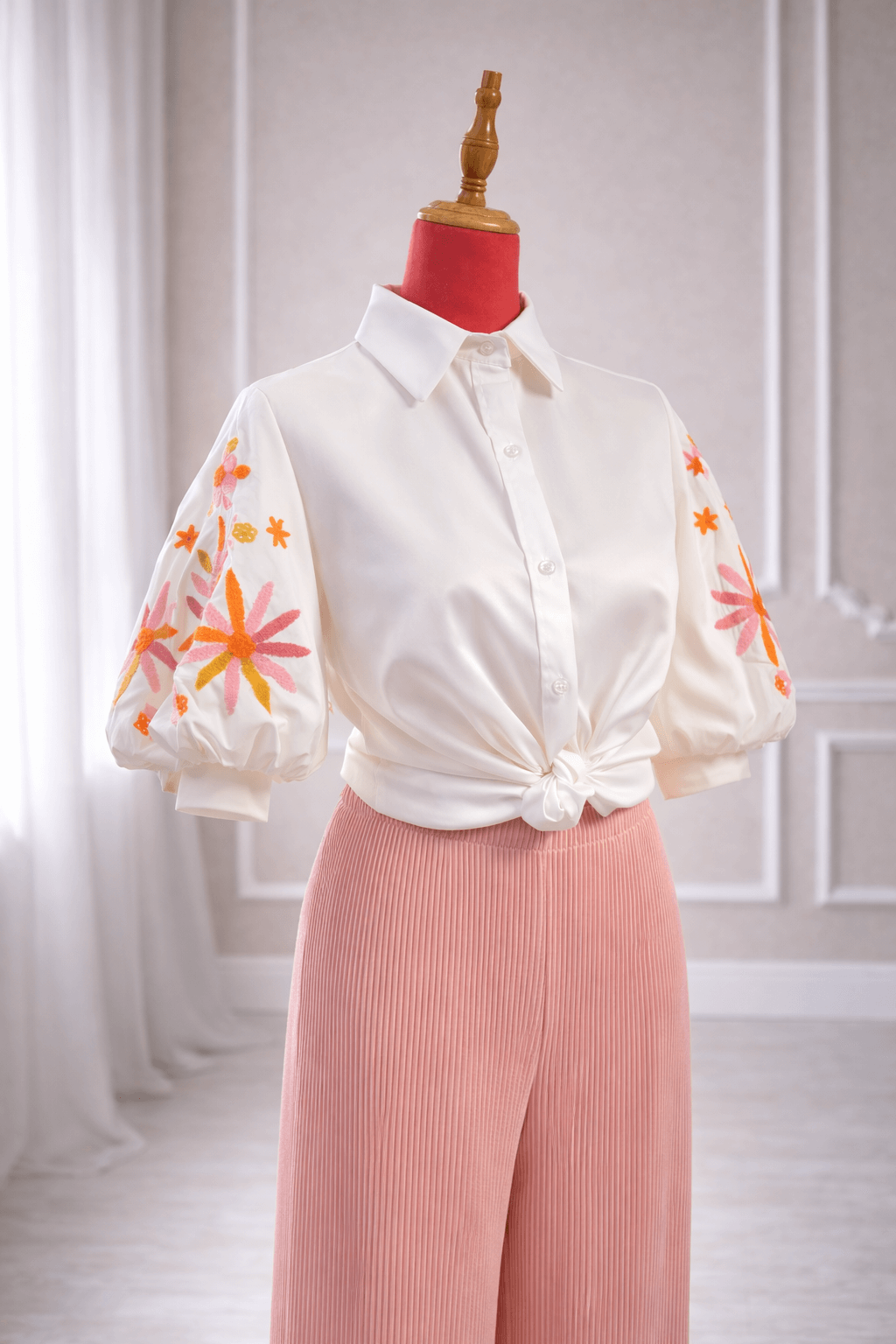 Weiße Damenbluse mit Hemdkragen und floraler Stickerei in Rosa- und Orangetönen auf den Puffärmeln, kombiniert mit einer rosafarbenen Plisseehose auf einer Schneiderpuppe.